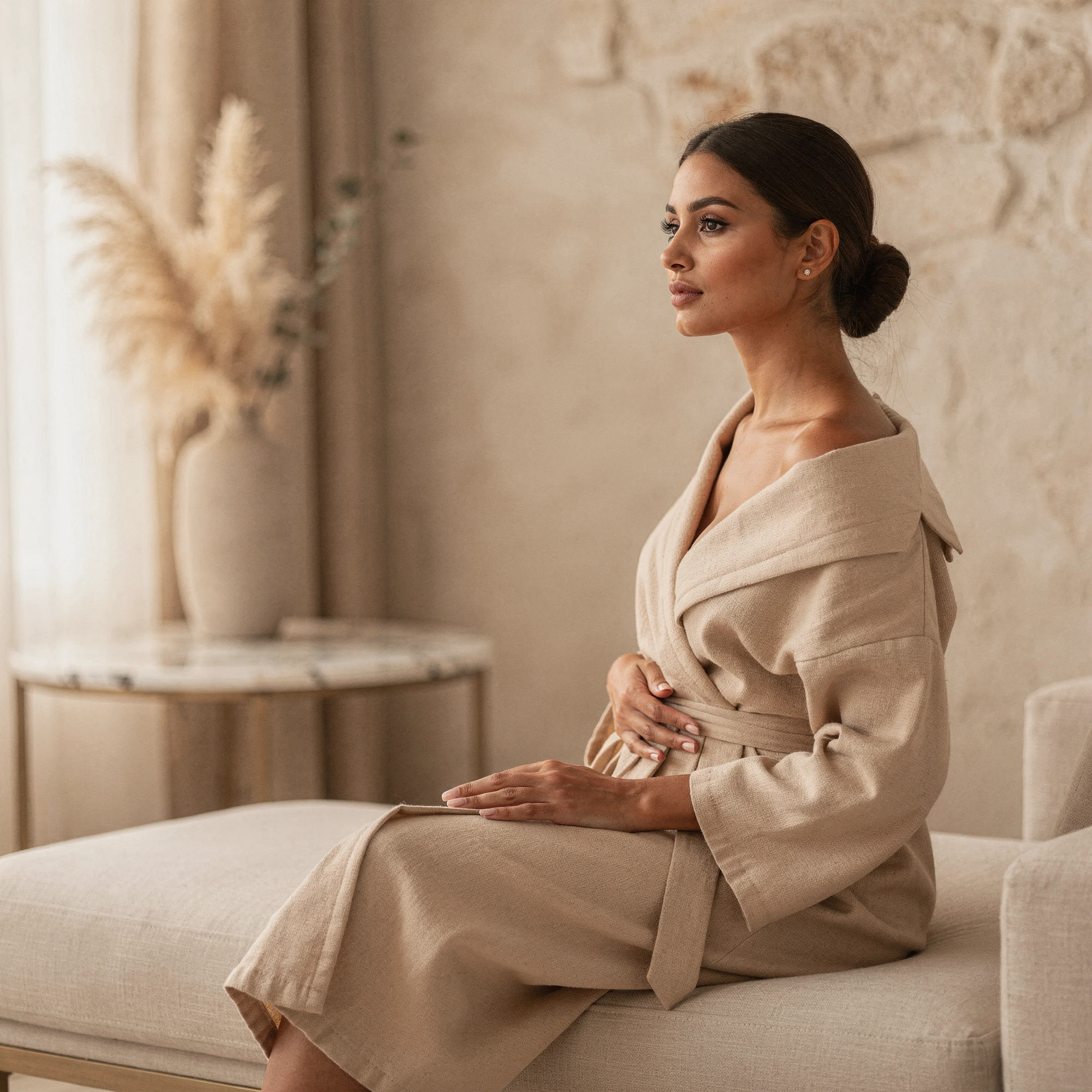 Woman sitting on a beige sofa in a neutral studio setting, posing for a breast implant removal consultation